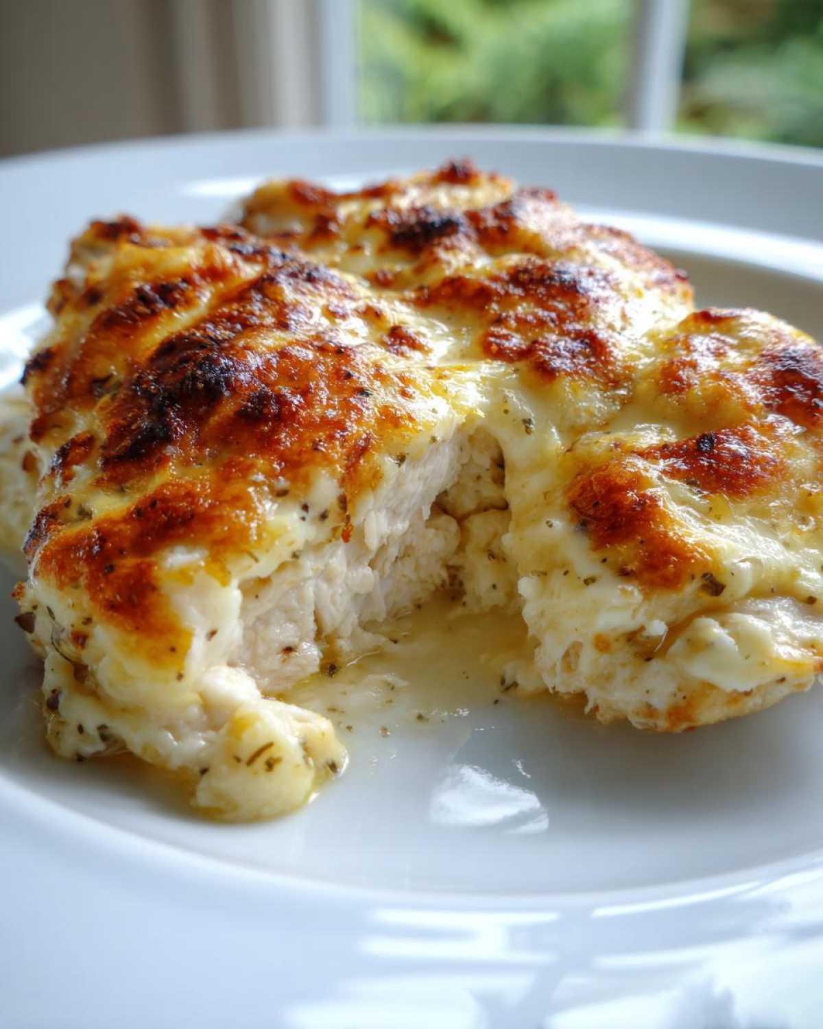 Close-up of a juicy Garlic parmesan chicken bake, showing moist white chicken meat under a bubbly, browned cheese topping.