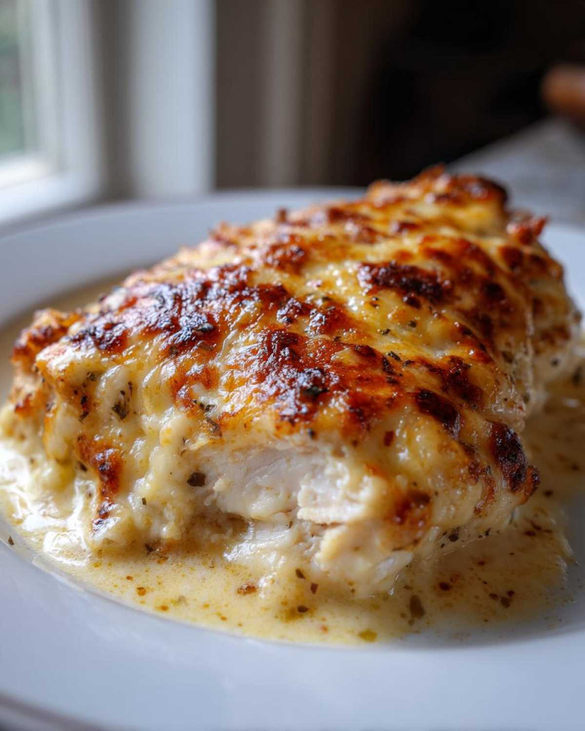 Close-up of a juicy chicken breast topped with browned, melted cheese from the Garlic parmesan chicken bake, sitting in creamy sauce.