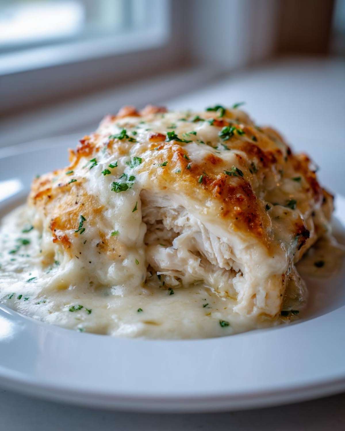 A cross-section of a juicy Garlic Parmesan Chicken Bake covered in melted, browned cheese and herbs.