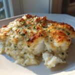A close-up of a serving of creamy Garlic parmesan chicken bake with a golden, cheesy crust and parsley.