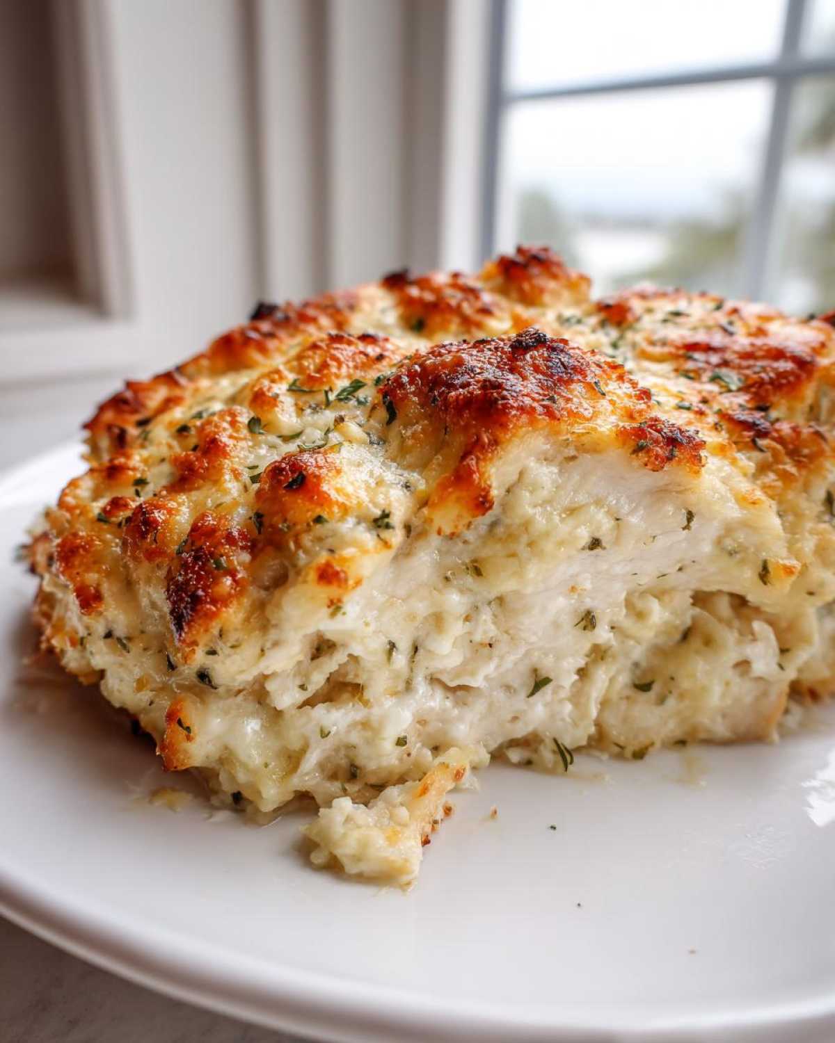 A close-up, cross-section view of a portion of Garlic parmesan chicken bake with a golden-brown, cheesy crust.