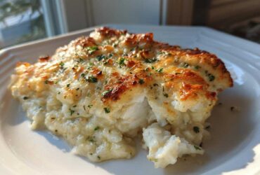 A close-up of a serving of creamy Garlic parmesan chicken bake with a golden, cheesy crust and parsley.