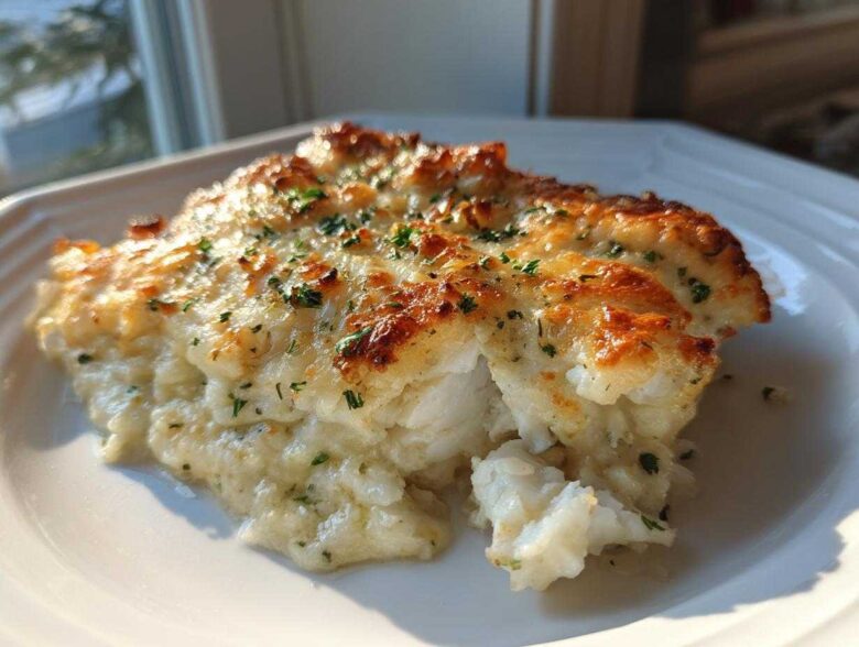 A close-up of a serving of creamy Garlic parmesan chicken bake with a golden, cheesy crust and parsley.