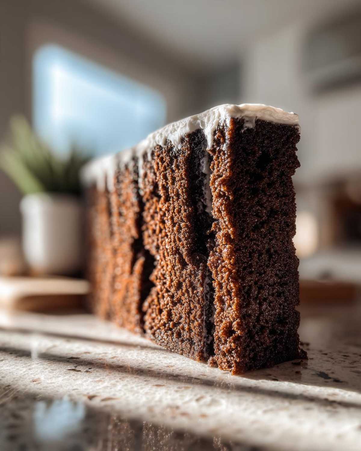 Close-up of a thick slice of dark gingerbread cake topped with white icing, related to the gingerbread house recipe.