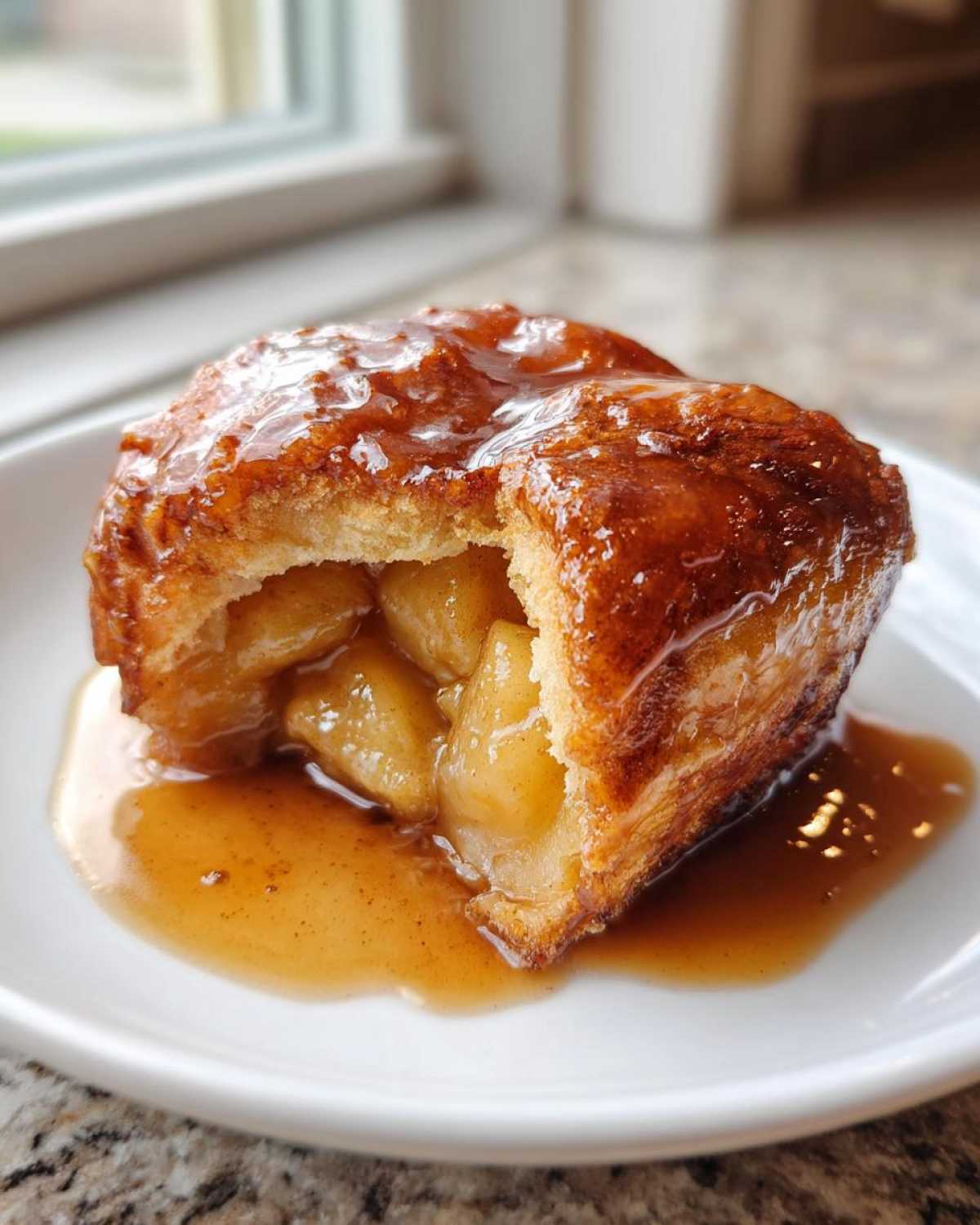 A cross-section view of a warm apple dumpling covered in shiny caramel glaze, revealing soft spiced apple filling.