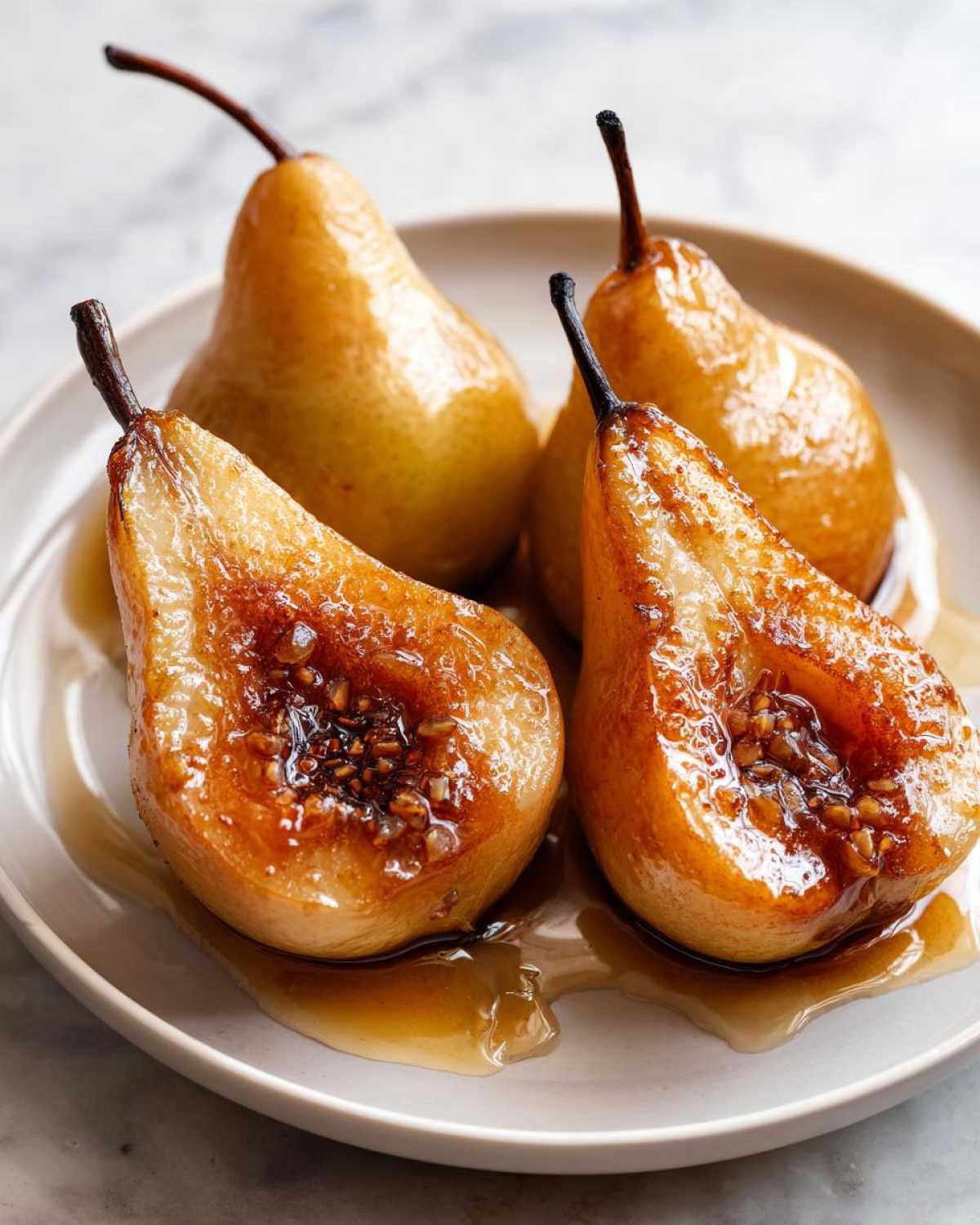 Four golden brown baked pears, two halved to show caramelized filling, resting in sweet syrup.