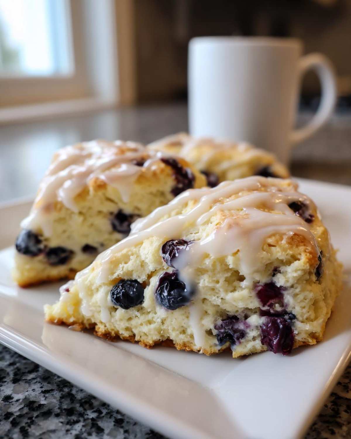 Close-up of three glazed blueberry scones on a white plate with a white mug blurred in the background.