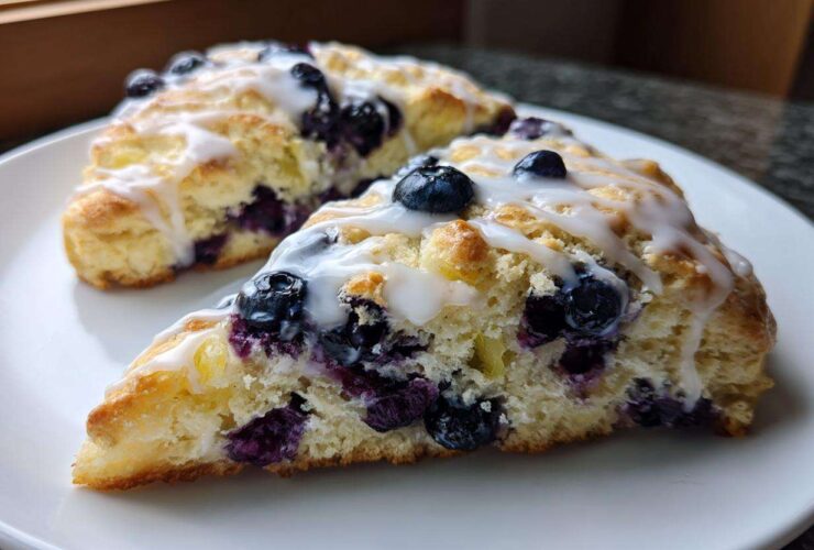 Two triangular blueberry scones, generously studded with fresh blueberries and drizzled with white glaze, resting on a white plate.