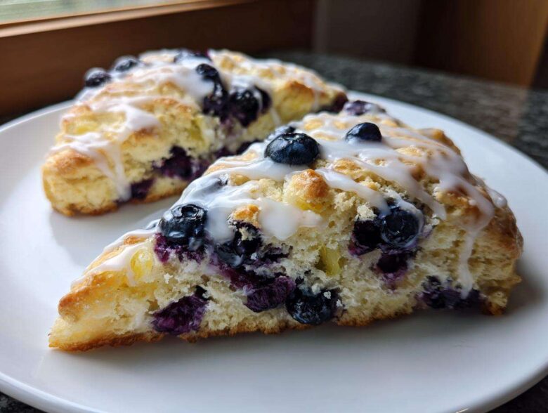 Two triangular blueberry scones, generously studded with fresh blueberries and drizzled with white glaze, resting on a white plate.