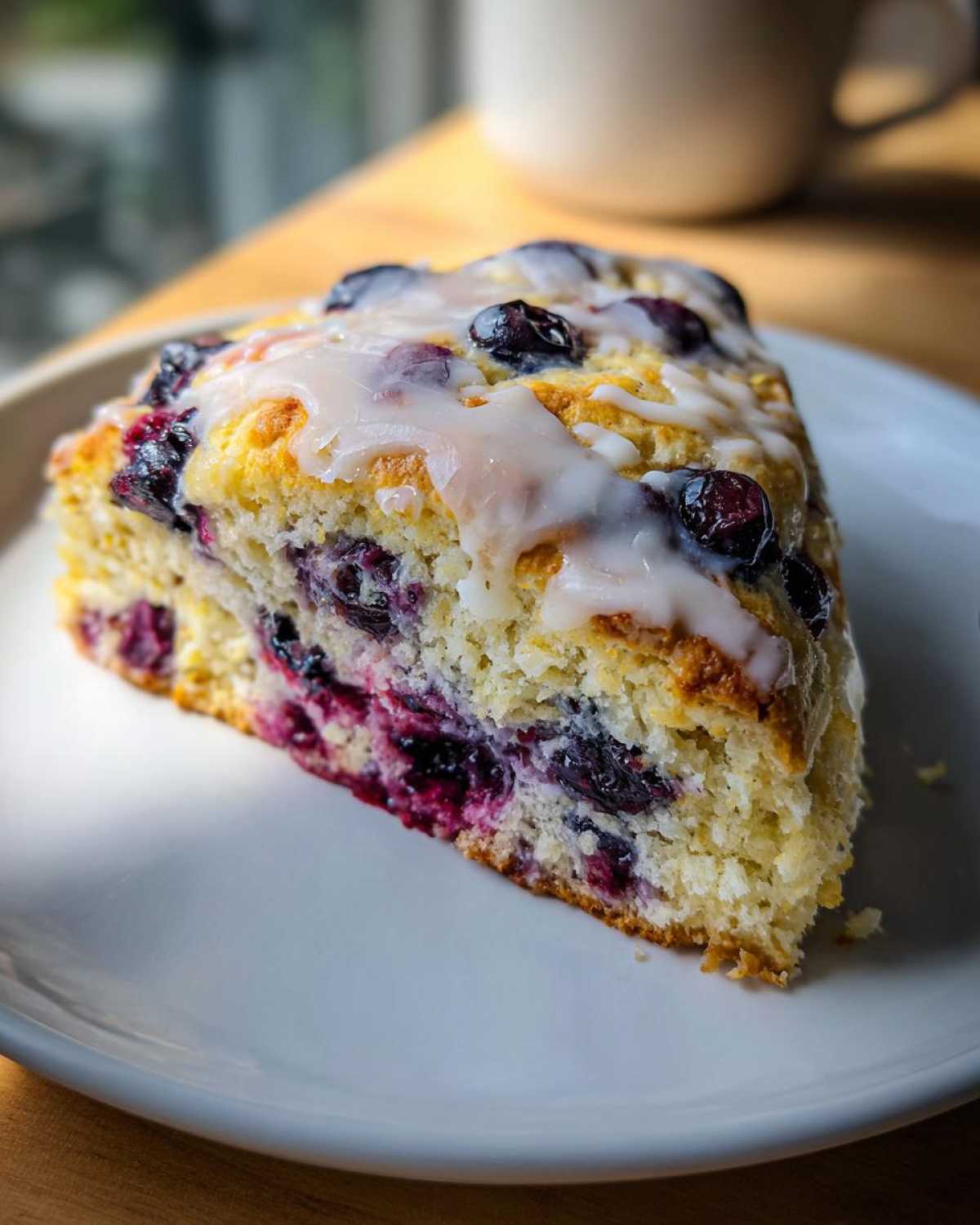 A close-up of a triangular slice of moist blueberry scones topped with a sweet white glaze.