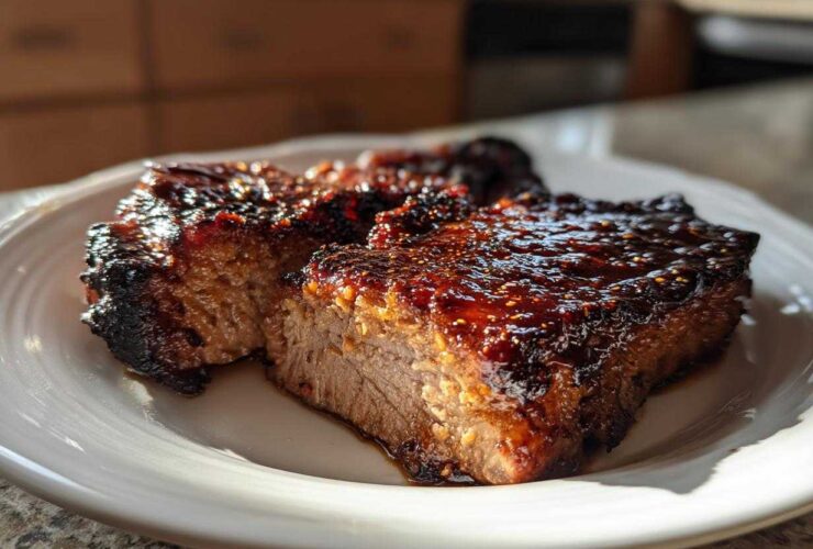 Two thick, juicy pieces of glazed pork steak recipe resting on a white plate, showing a caramelized, dark red sauce.