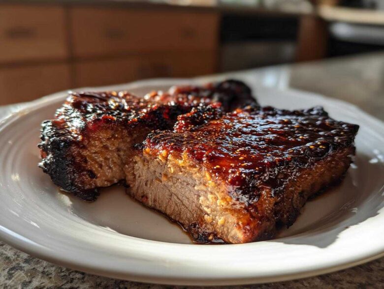 Two thick, juicy pieces of glazed pork steak recipe resting on a white plate, showing a caramelized, dark red sauce.