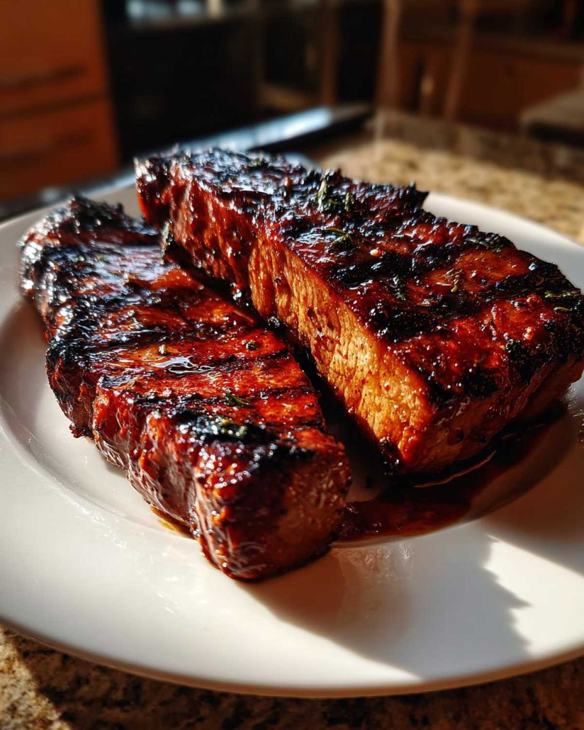 Three thick, perfectly grilled and glazed pork steak recipe cuts resting on a white plate, glistening under warm light.