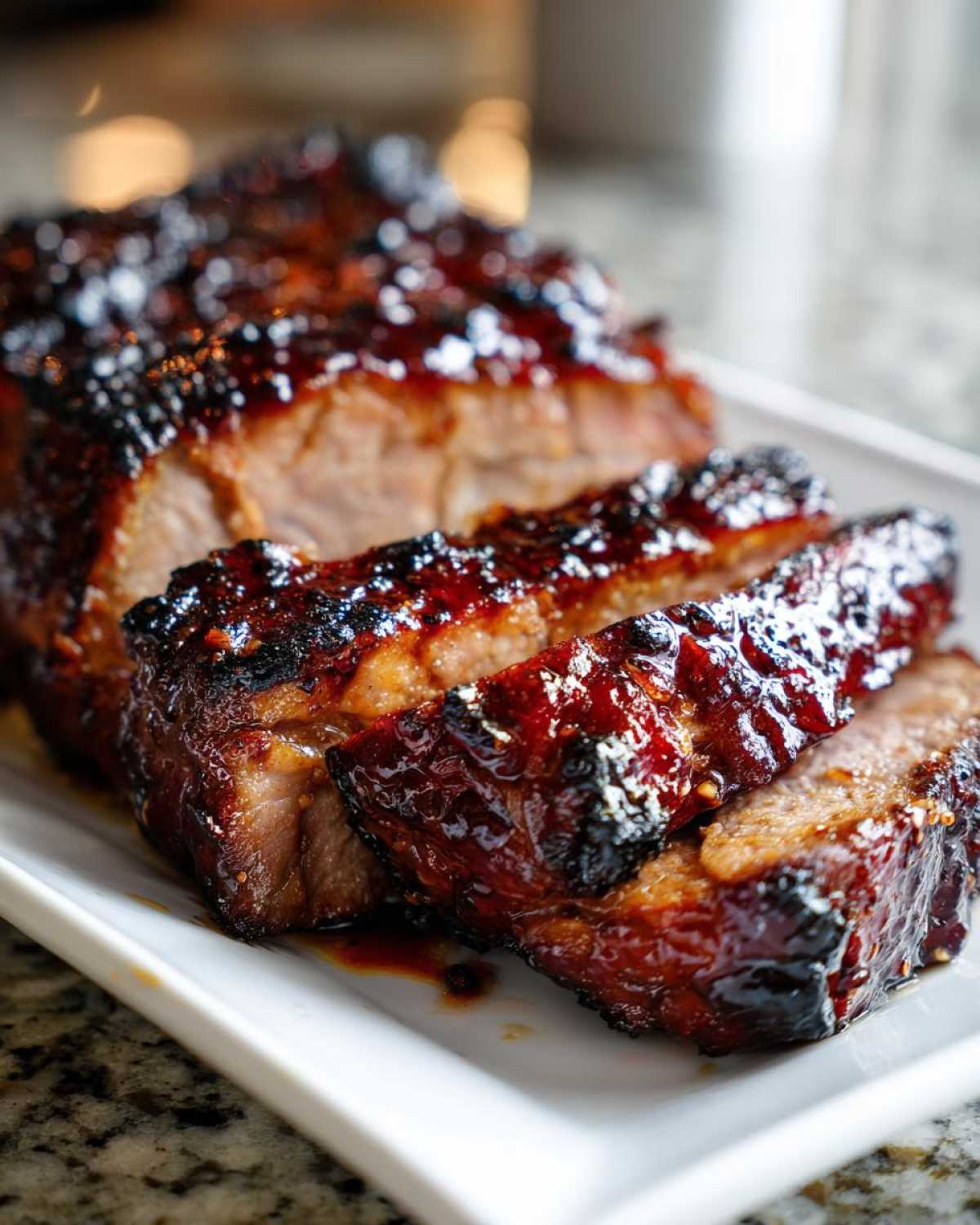 Close-up of thick slices of glazed pork steak, showing a rich, dark, caramelized crust.