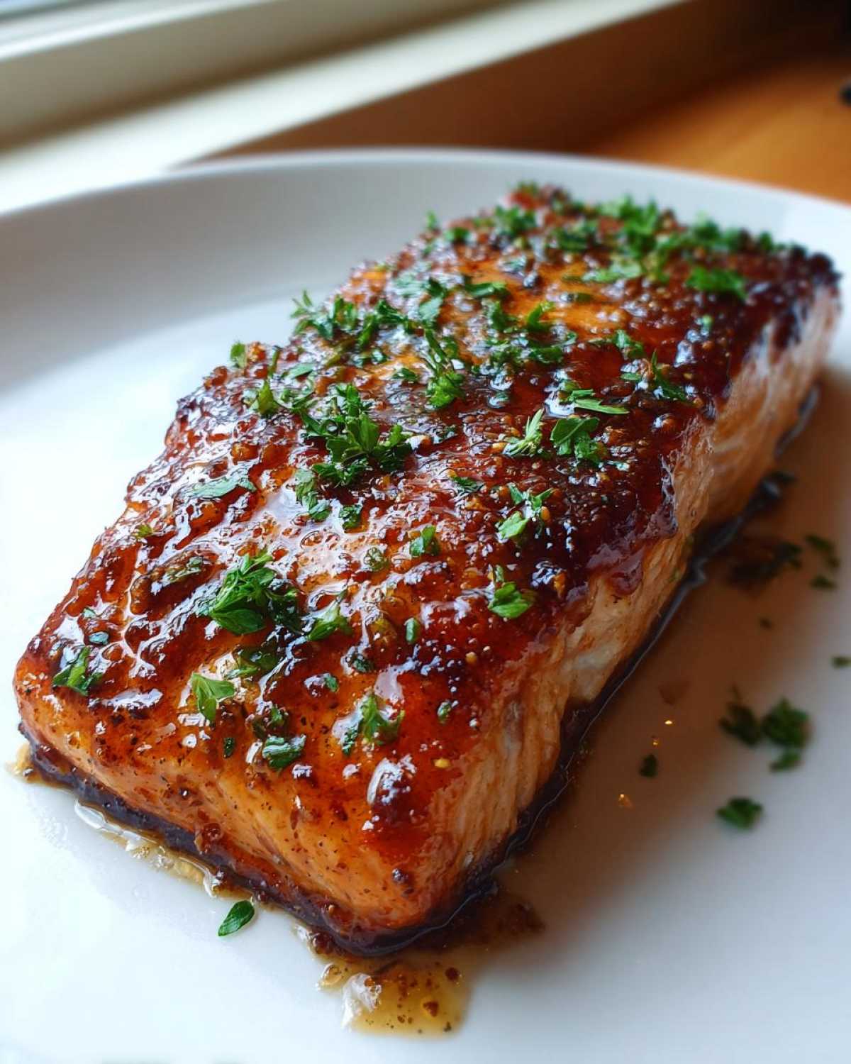 A perfectly cooked, thick fillet of salmon covered in a rich, shiny glaze and topped with chopped parsley.