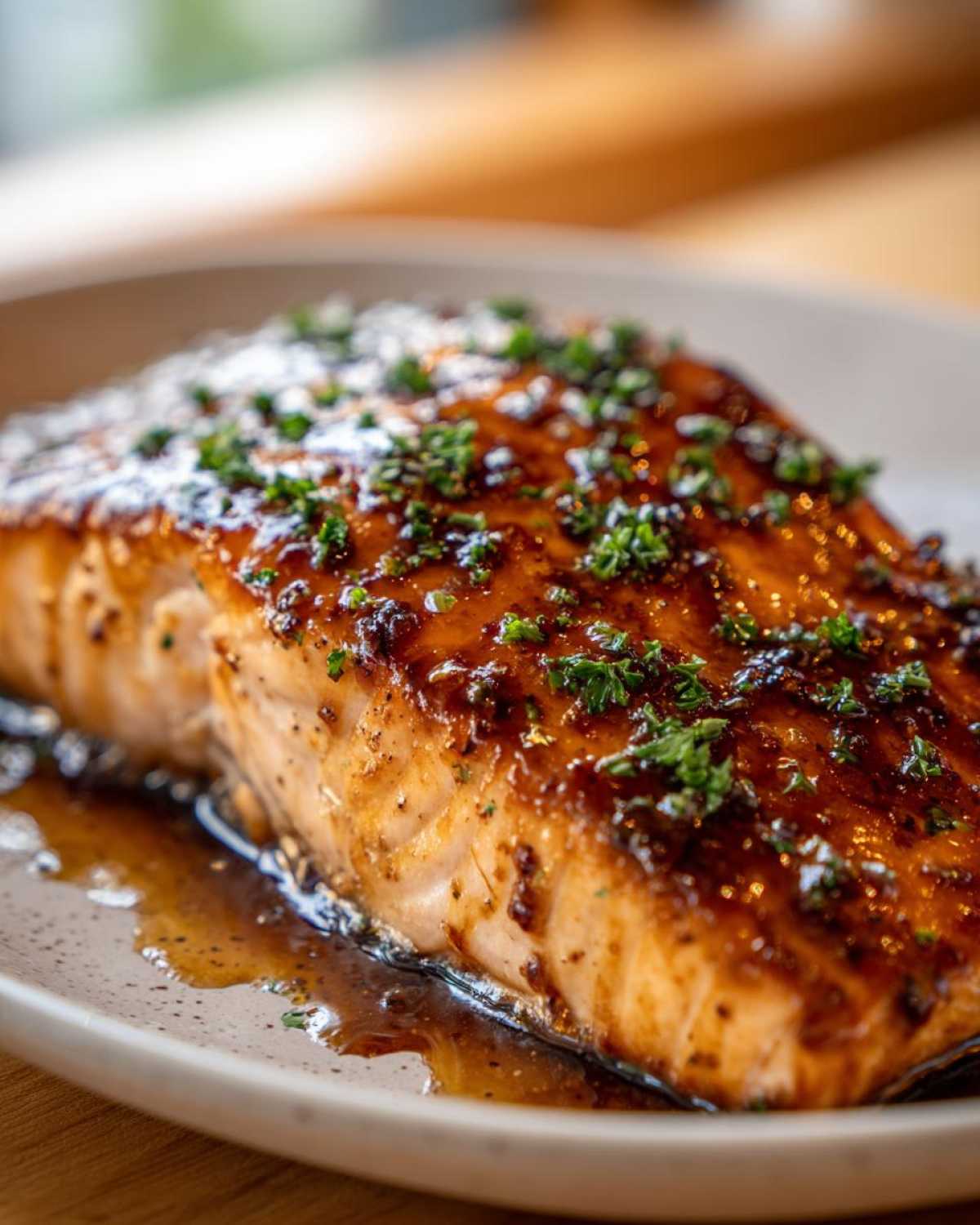 Close-up of a perfectly cooked, glazed salmon fillet topped with chopped parsley.