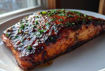 A beautifully glazed salmon fillet with a dark, shiny coating and sprinkled with green herbs.