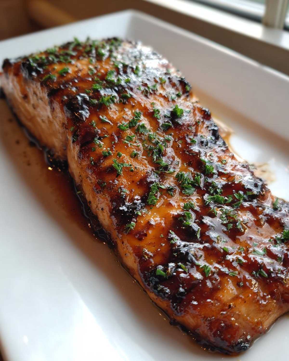 Close-up of a perfectly cooked salmon fillet with a rich, dark glaze and sprinkled fresh parsley.