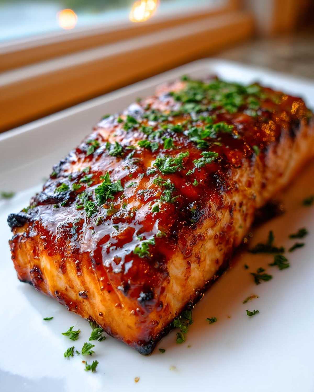 A perfectly cooked, thick fillet of glazed salmon topped with chopped fresh parsley.