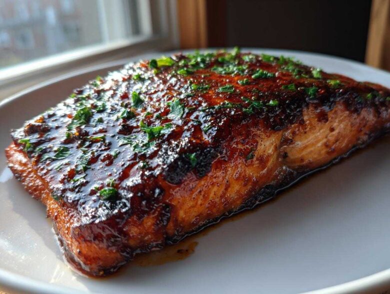 A beautifully glazed salmon fillet with a dark, shiny coating and sprinkled with green herbs.