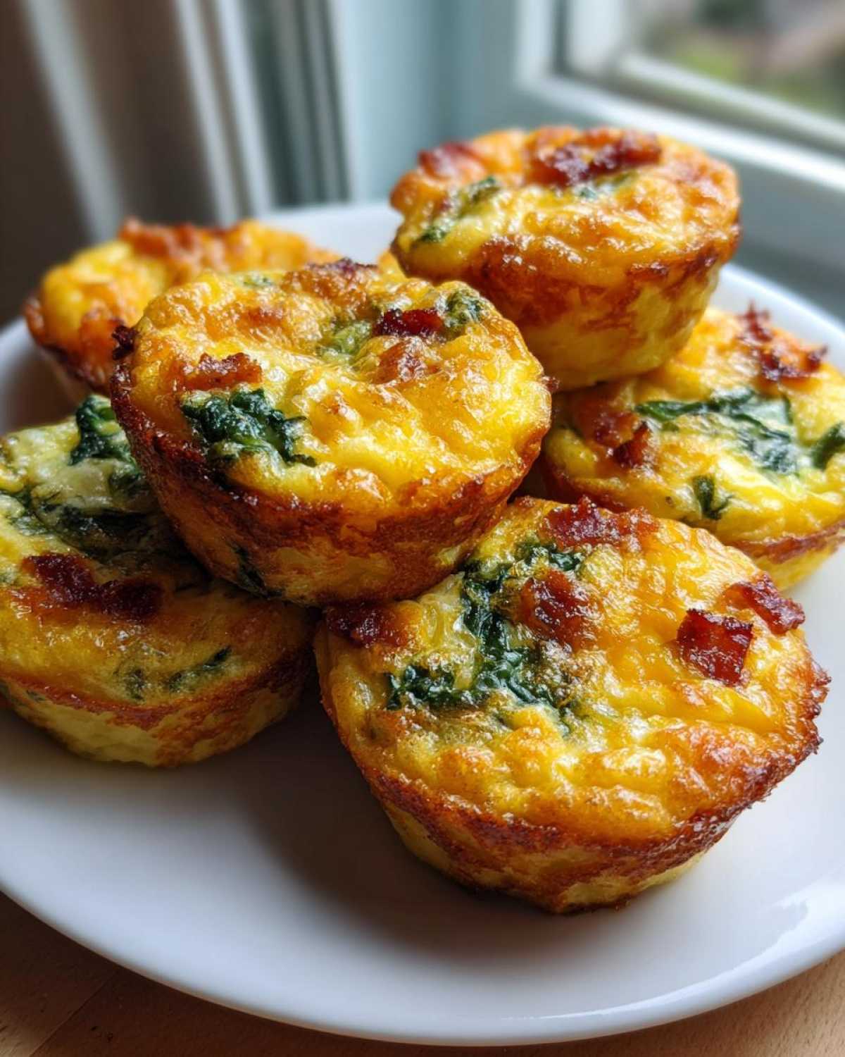 A stack of freshly baked, golden brown egg bites loaded with spinach and bacon pieces.