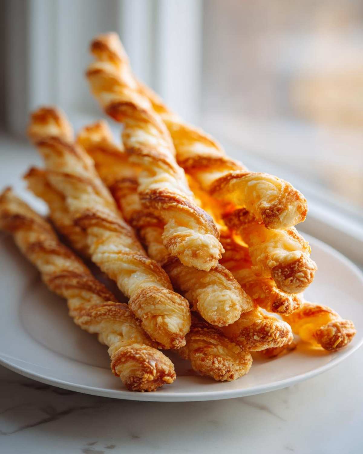 A stack of golden, flaky, twisted cheese straws recipe items piled high on a white plate near a window.