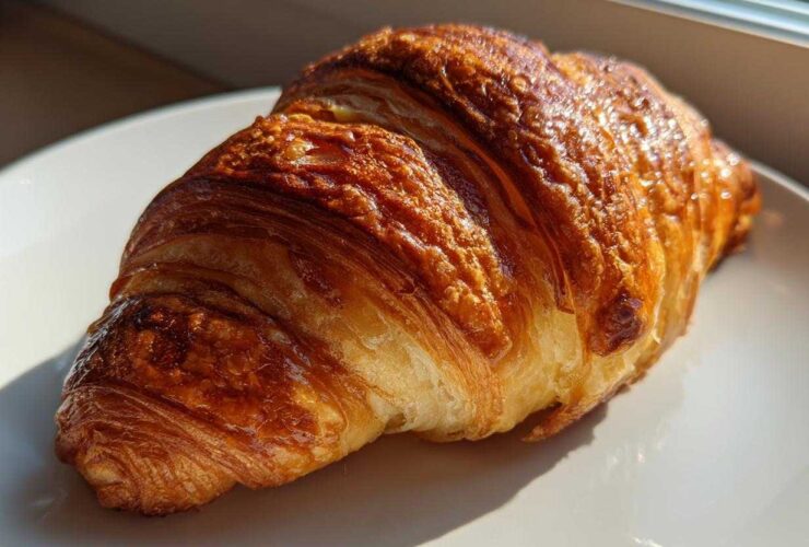 A close-up of a golden brown, flaky baked ham and cheese croissant resting on a white plate.