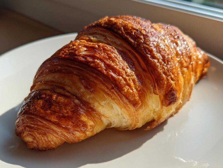 A close-up of a golden brown, flaky baked ham and cheese croissant resting on a white plate.