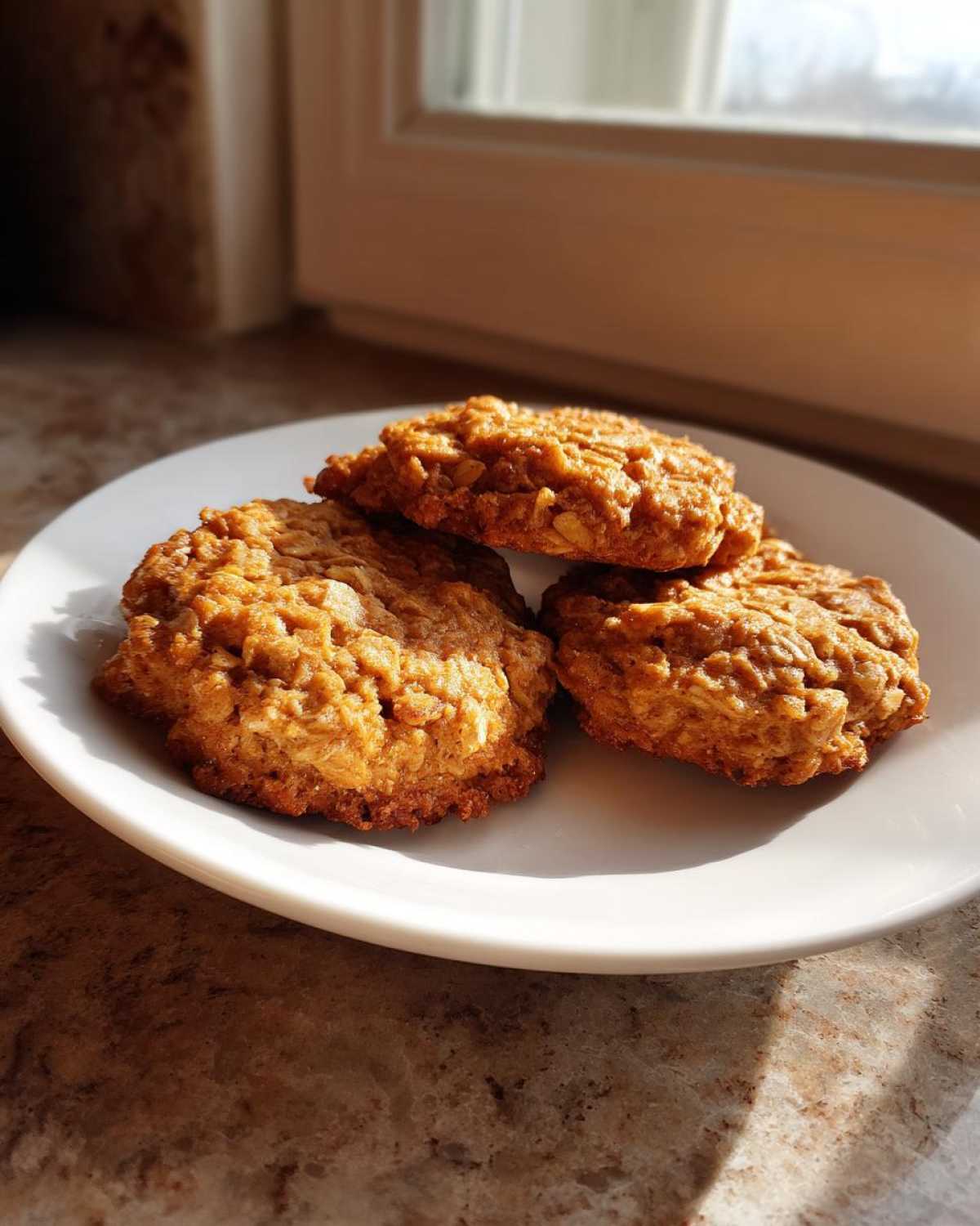 Three golden brown breakfast cookie treats stacked slightly on a white plate near a window.