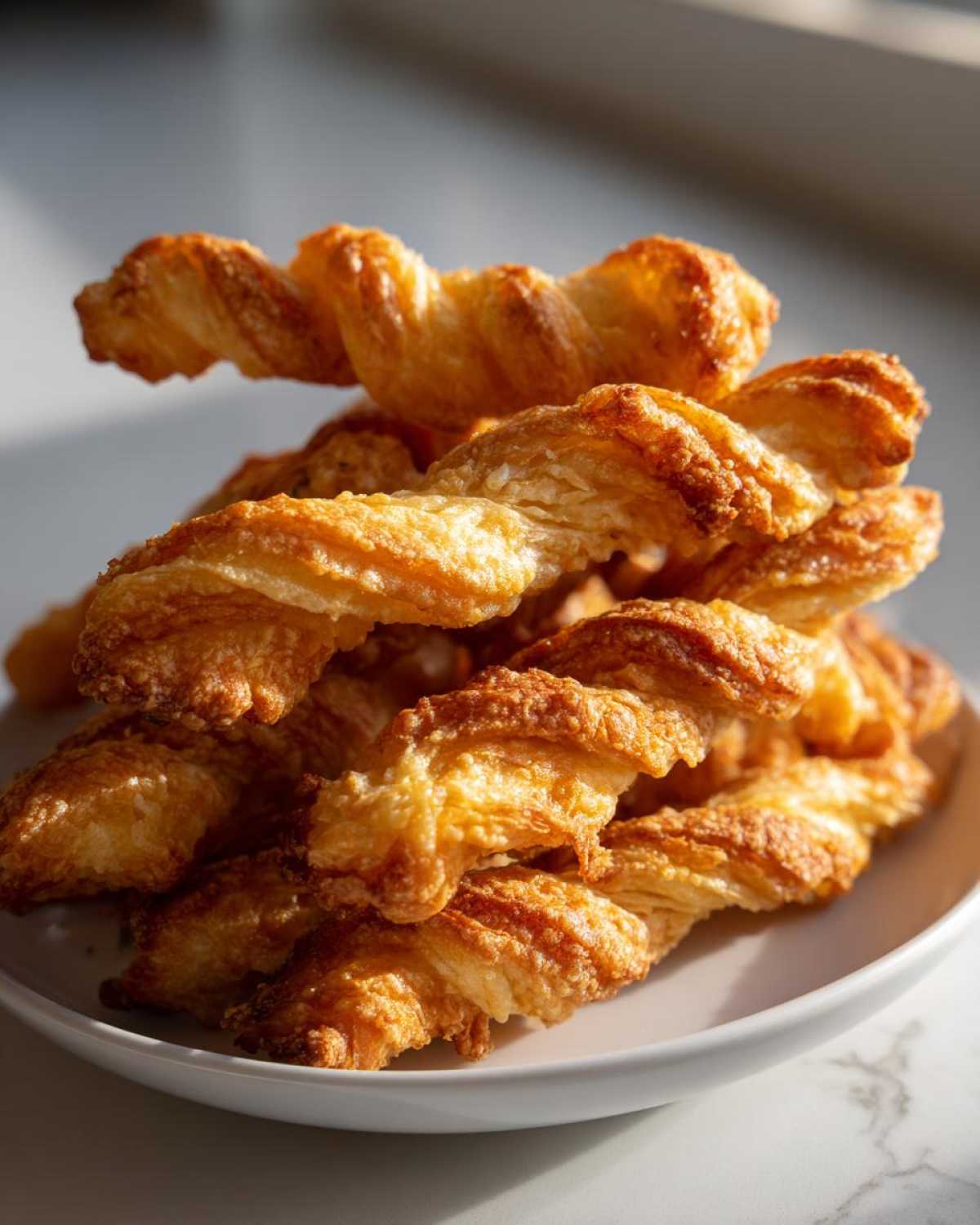 A stack of golden brown, flaky, twisted cheese straws recipe items piled high on a white plate.