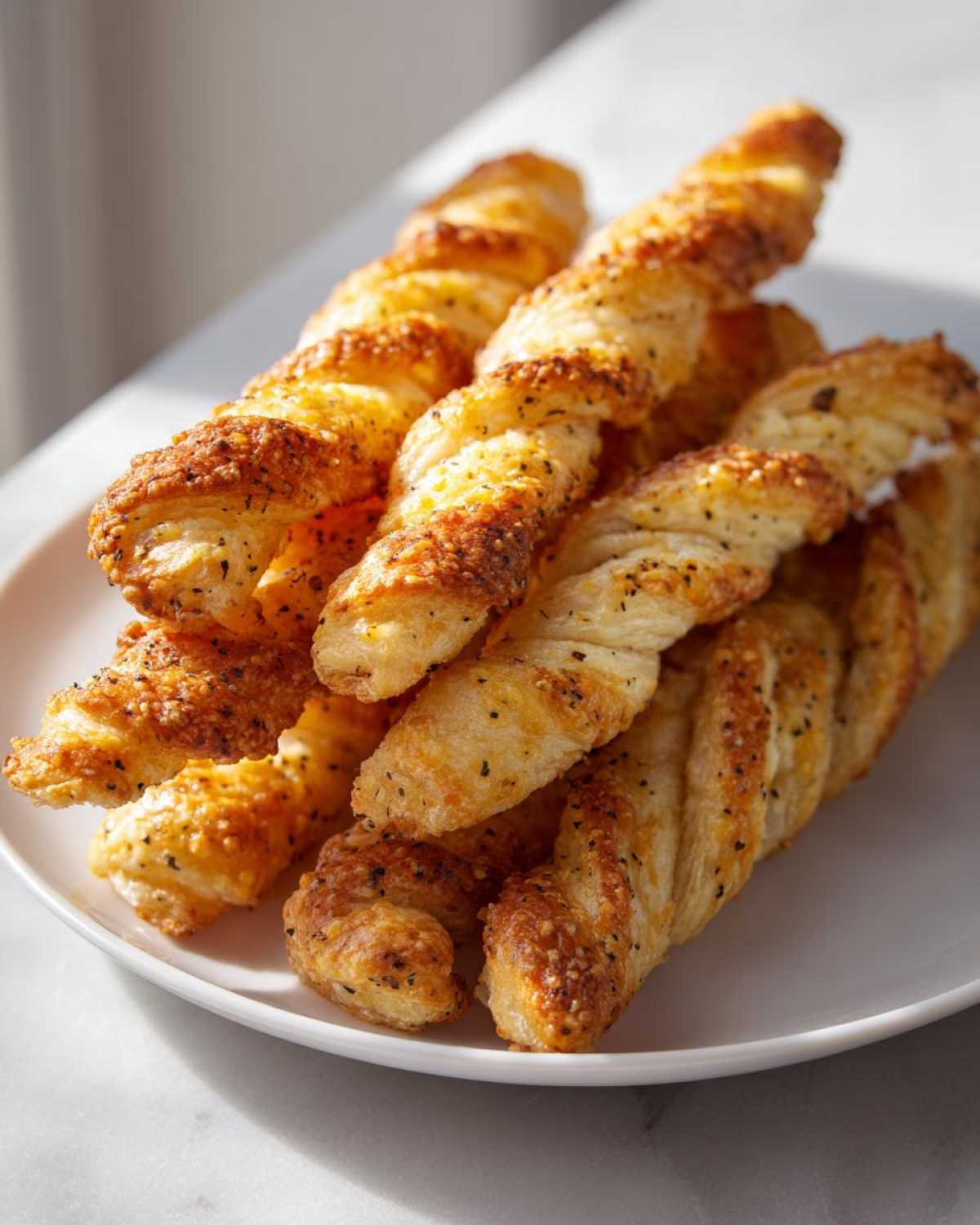 A pile of golden, flaky, twisted cheese straws recipe snacks dusted with herbs and cheese on a white plate.