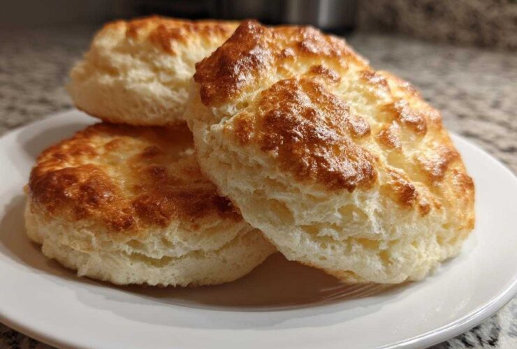Three golden brown, fluffy cloud bread pieces stacked on a white plate, showing a light, airy interior.