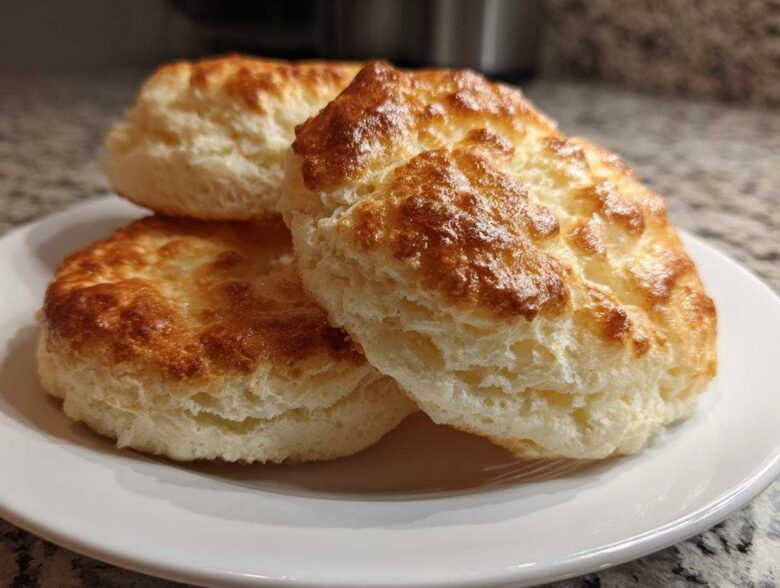 Three golden brown, fluffy cloud bread pieces stacked on a white plate, showing a light, airy interior.