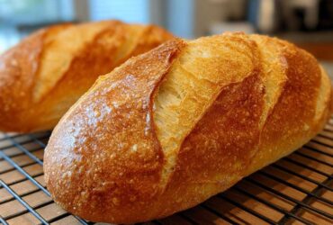 Close-up of a golden brown, crusty French bread loaf cooling on a wire rack.