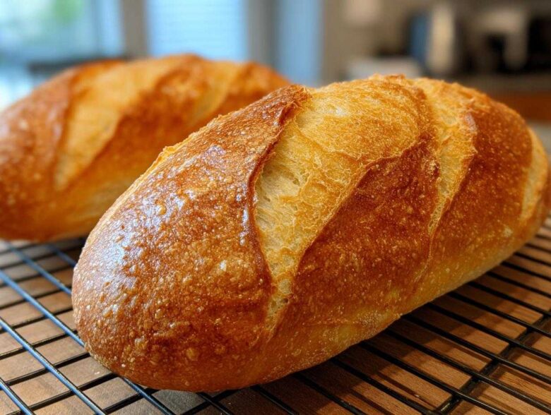 Close-up of a golden brown, crusty French bread loaf cooling on a wire rack.