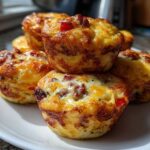 A stack of five golden brown, savory Egg Muffin Cups with visible cheese and red pepper pieces.