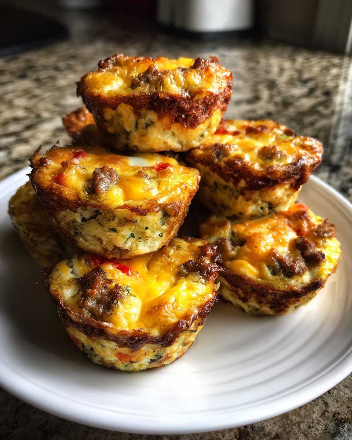 A stack of freshly baked, golden brown Egg Muffin Cups with melted cheese and sausage on a white plate.