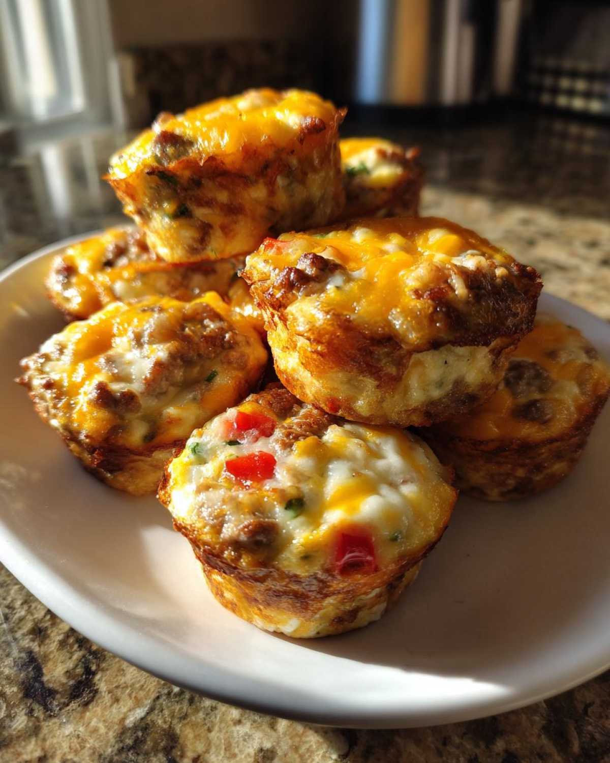 A stack of savory, cheesy Egg Muffin Cups with visible sausage and red peppers on a white plate.