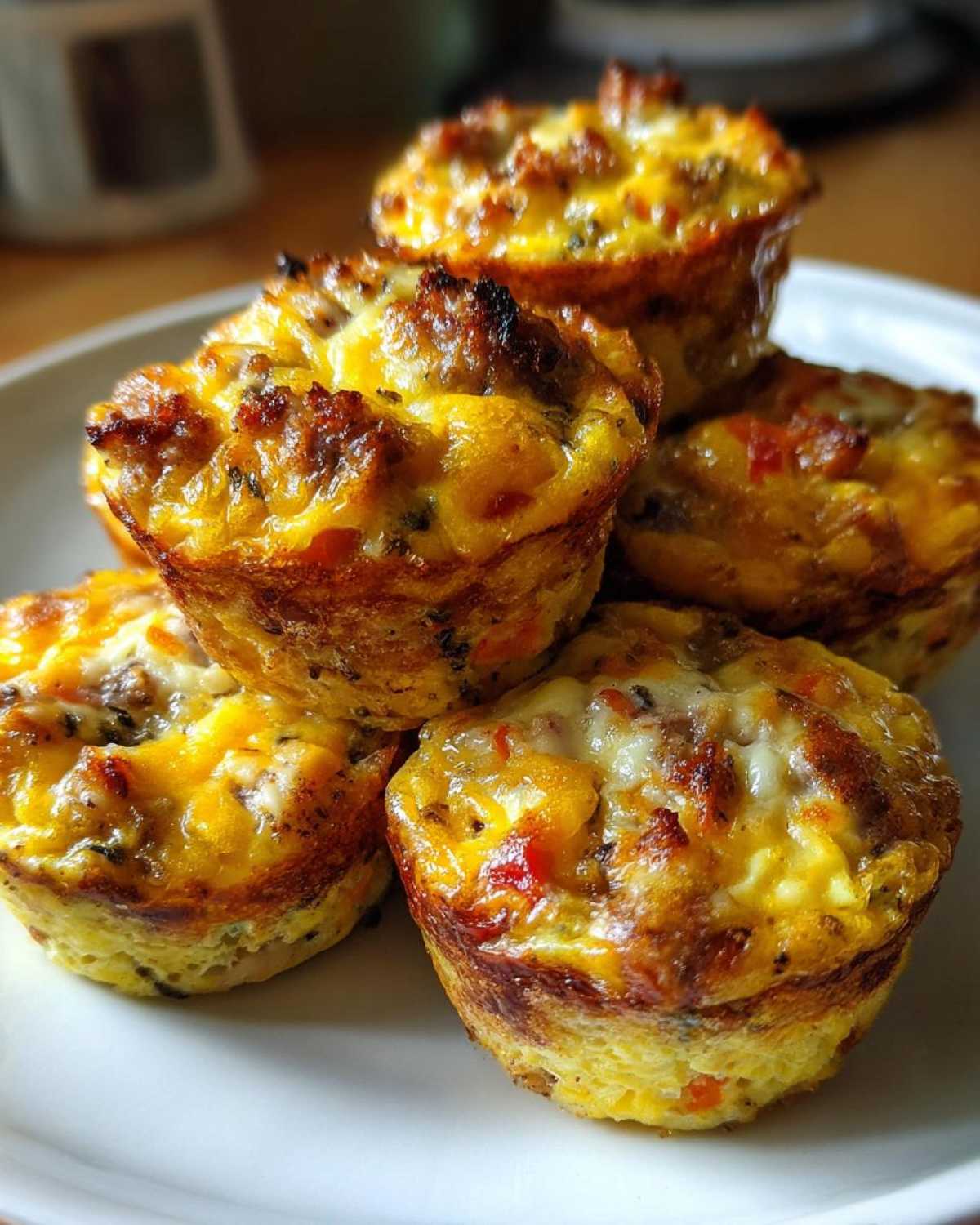 A close-up stack of five golden brown Egg Muffin Cups with visible sausage and melted cheese topping.
