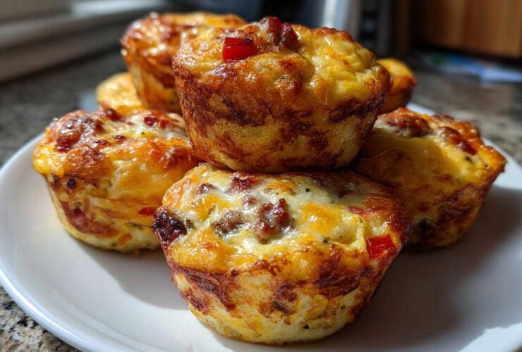 A stack of five golden brown, savory Egg Muffin Cups with visible cheese and red pepper pieces.
