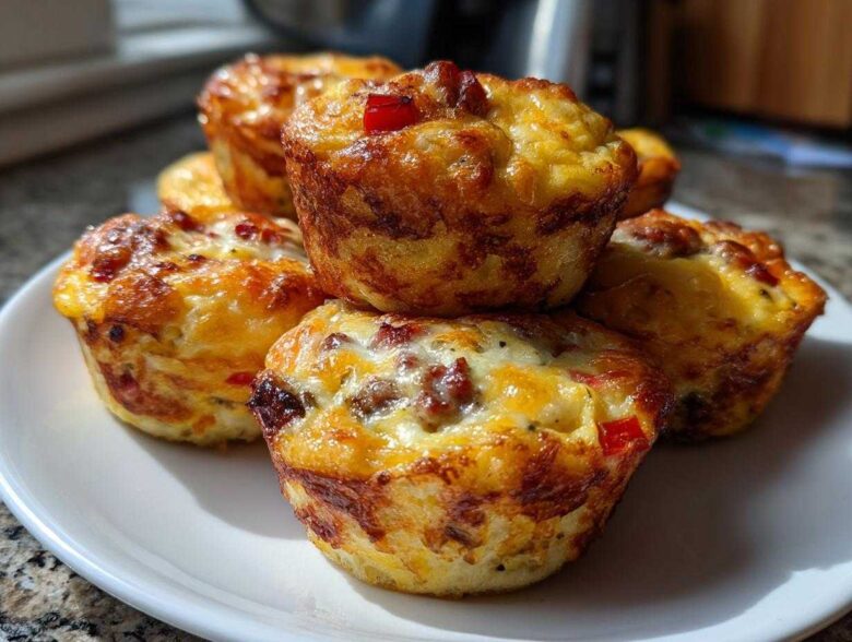 A stack of five golden brown, savory Egg Muffin Cups with visible cheese and red pepper pieces.