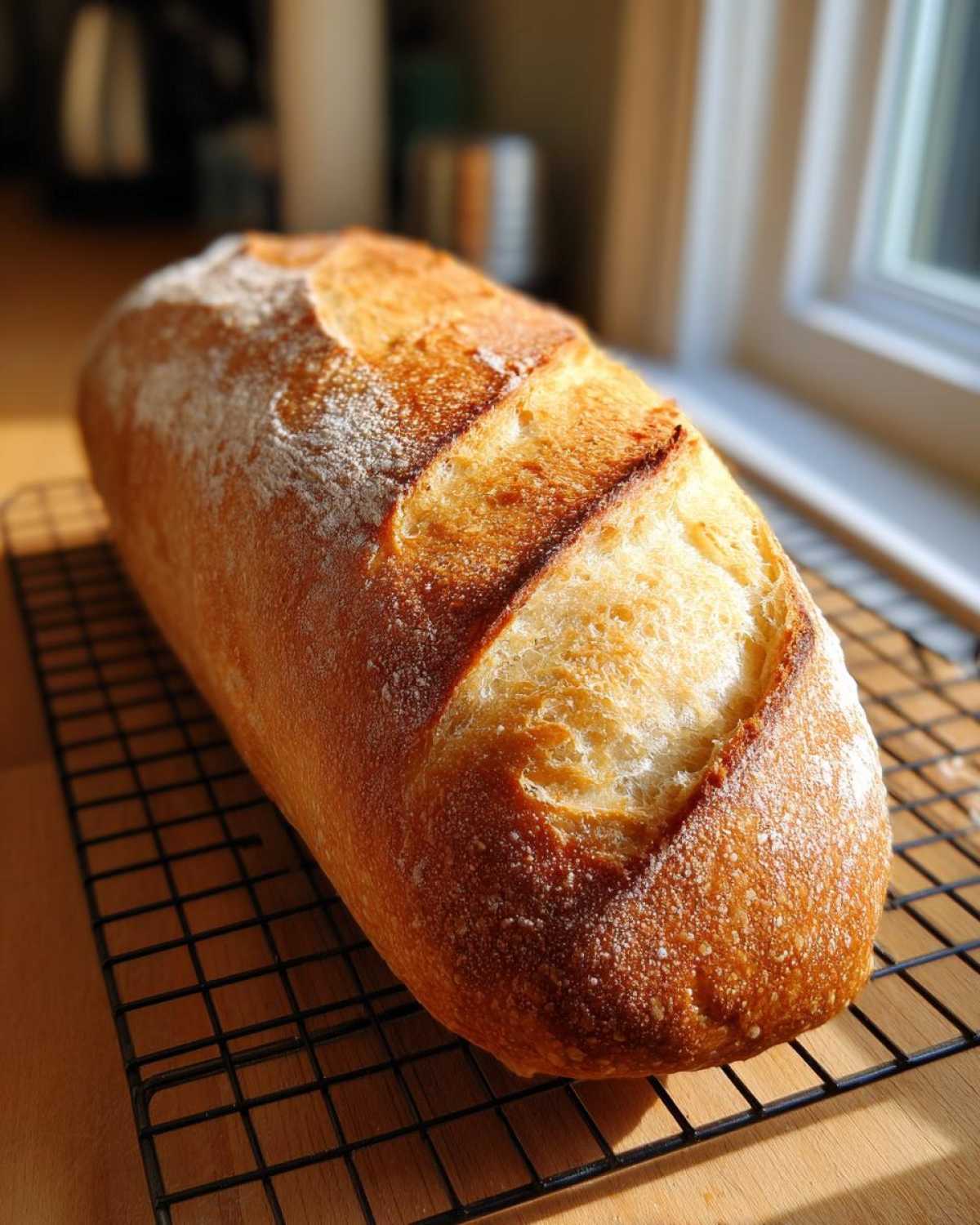 A freshly baked, golden-brown loaf of French bread cooling on a black wire rack near a window.