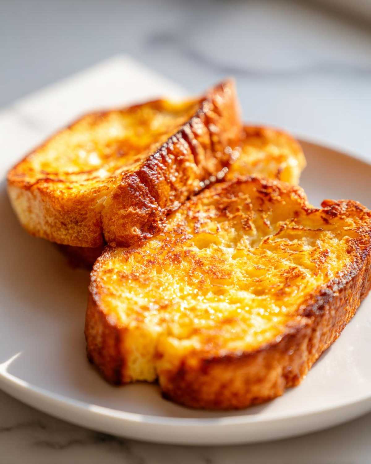 Close-up of three golden-brown slices of perfectly cooked french toast stacked slightly on a white plate.