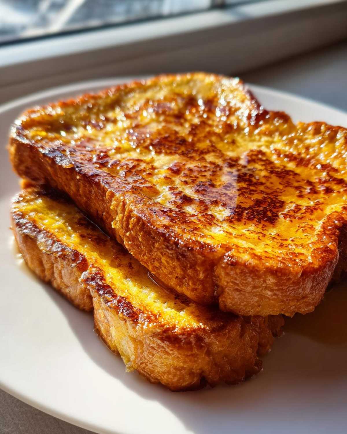 Close-up of two thick slices of perfectly cooked french toast drizzled with syrup.