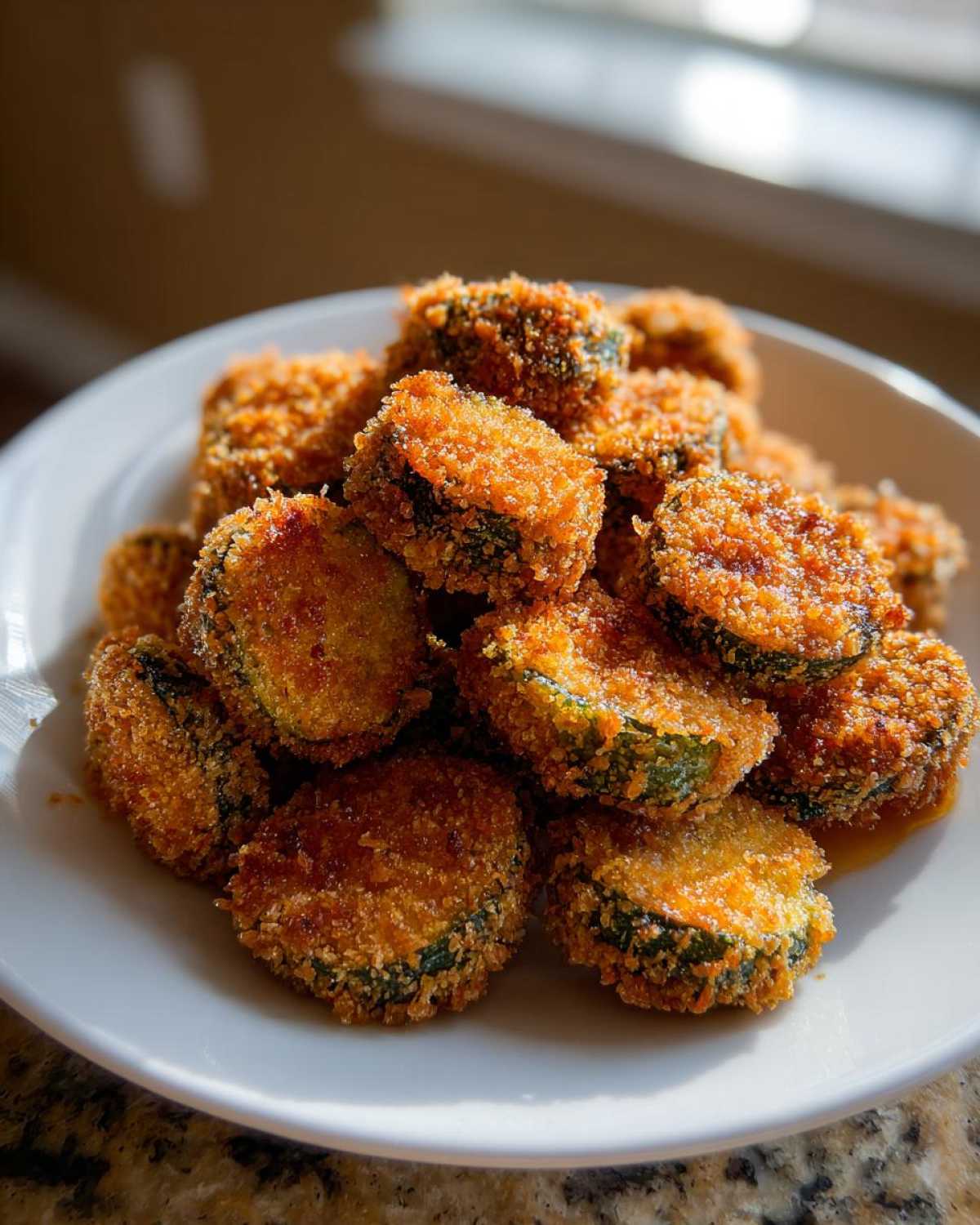 A pile of perfectly golden brown, crispy Fried Pickles stacked high on a white plate, ready to eat.