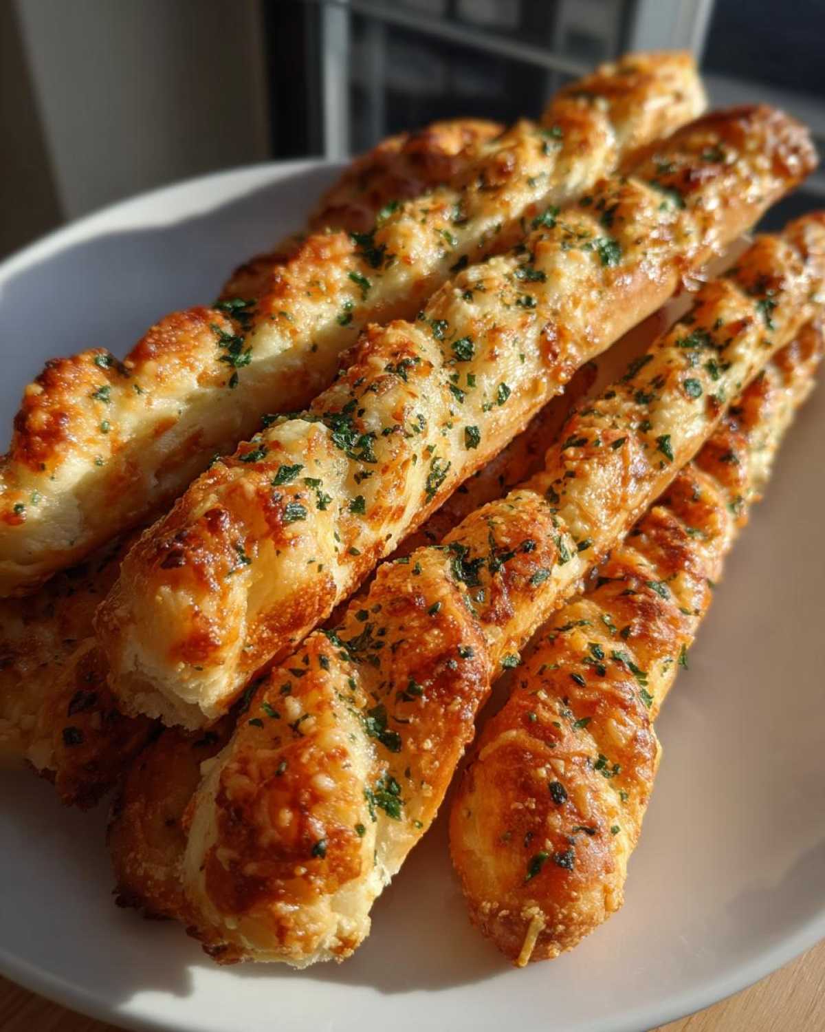 Close-up of several golden, cheesy breadsticks topped with green parsley on a white plate.