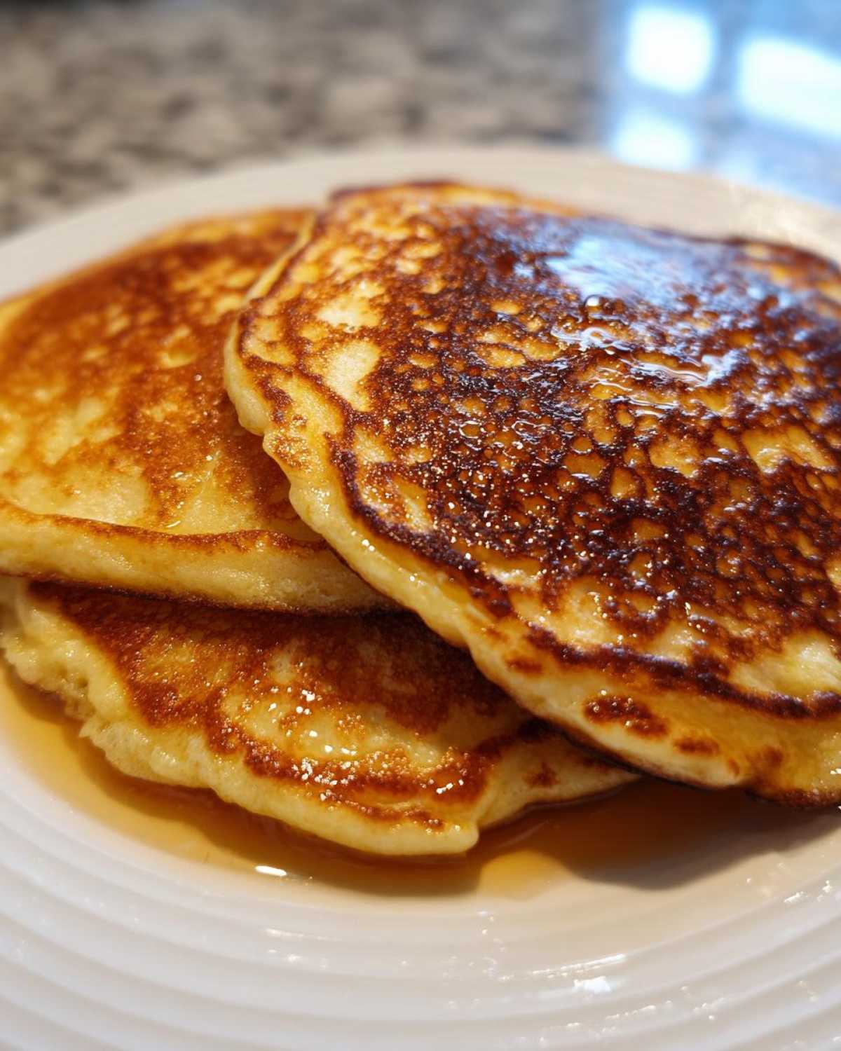 Close-up of three golden brown greek yogurt pancakes stacked and drizzled with syrup on a white plate.