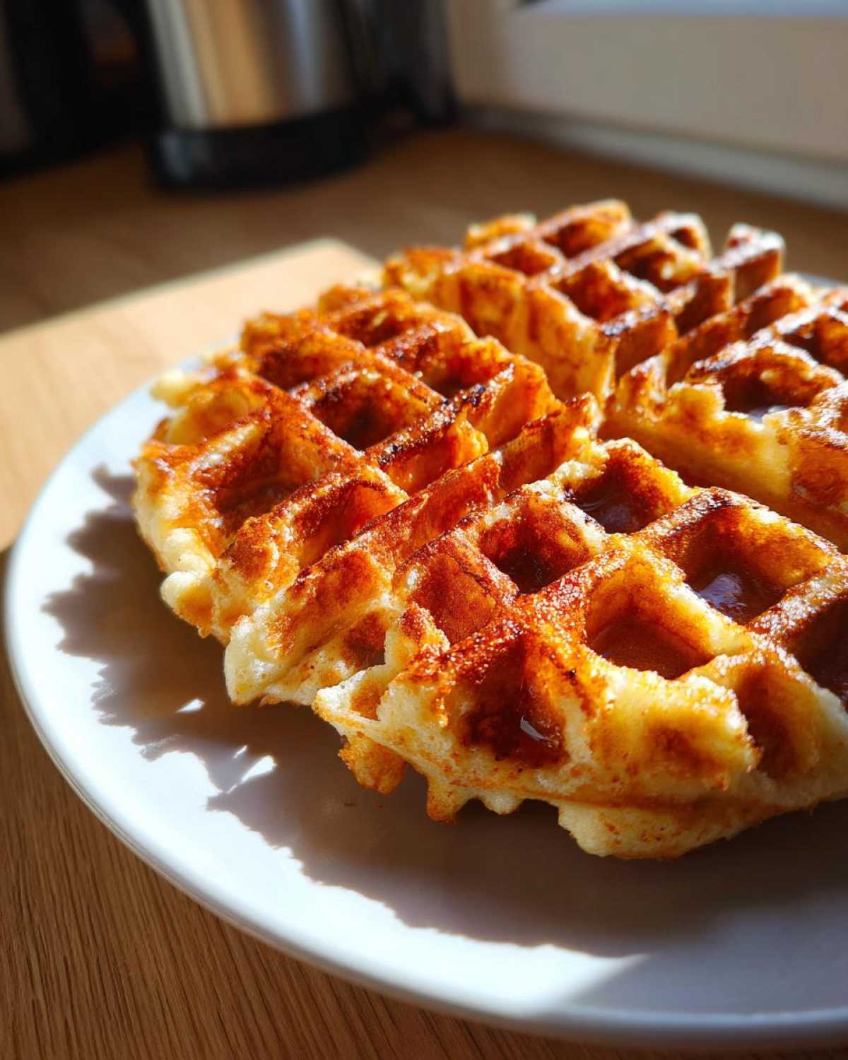 Close-up of golden brown, freshly made high protein waffles served on a white plate in bright sunlight.