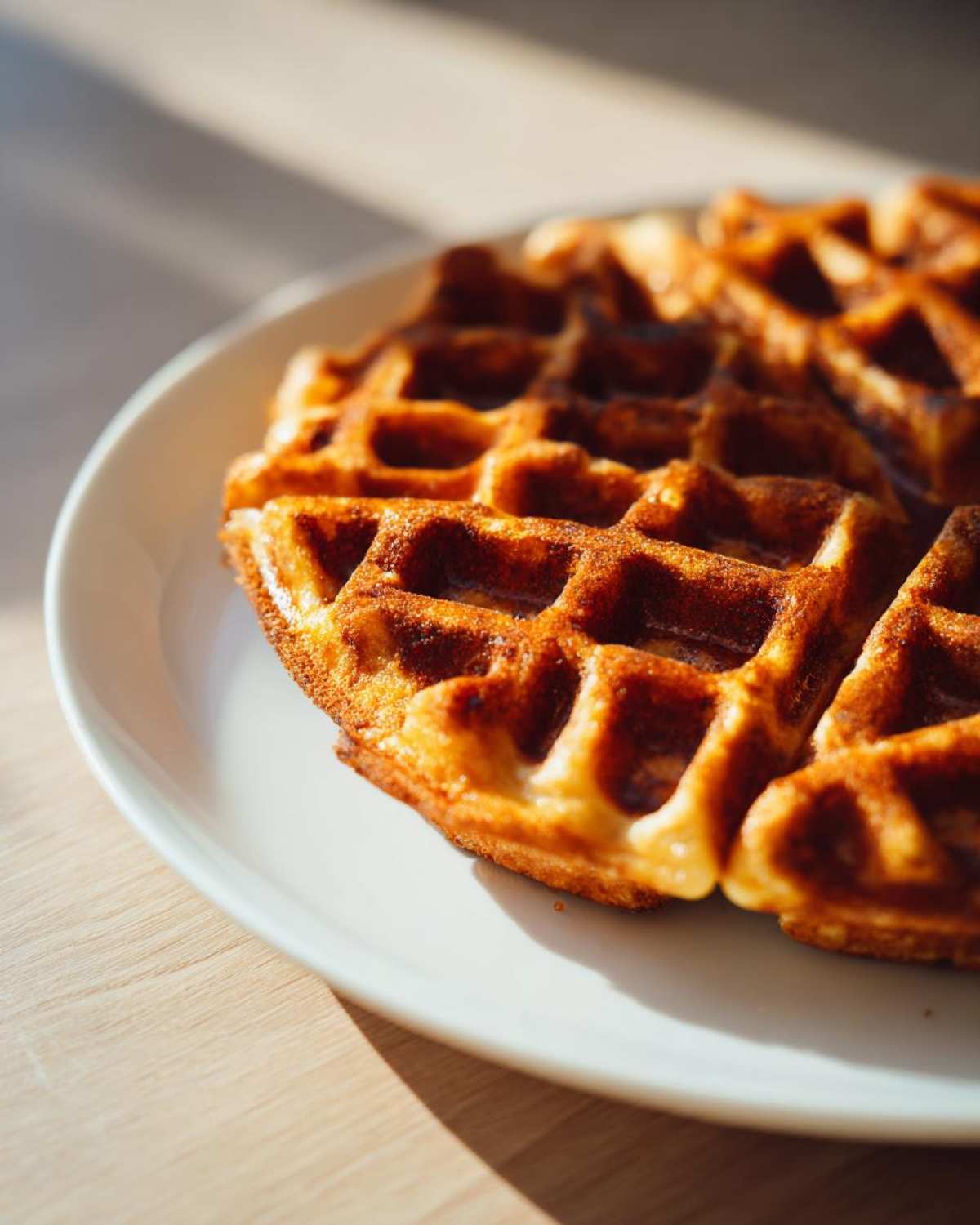 Close-up of a golden brown, freshly cooked high protein waffle served on a white plate.