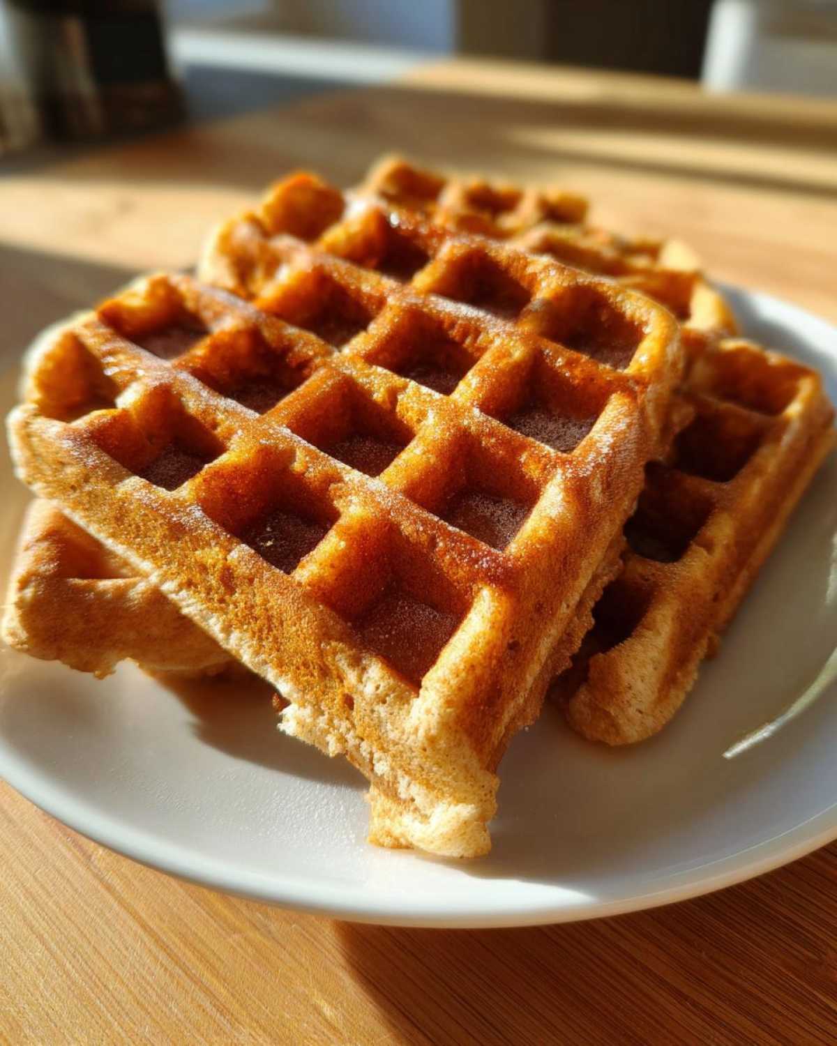 Close-up of a stack of golden brown high protein waffles dusted with powdered sugar on a white plate.